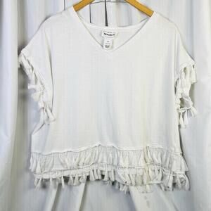 For the Republic Womens Tunic T Shirt Sz 1X White Boho Fringe Tassel Top Cotton